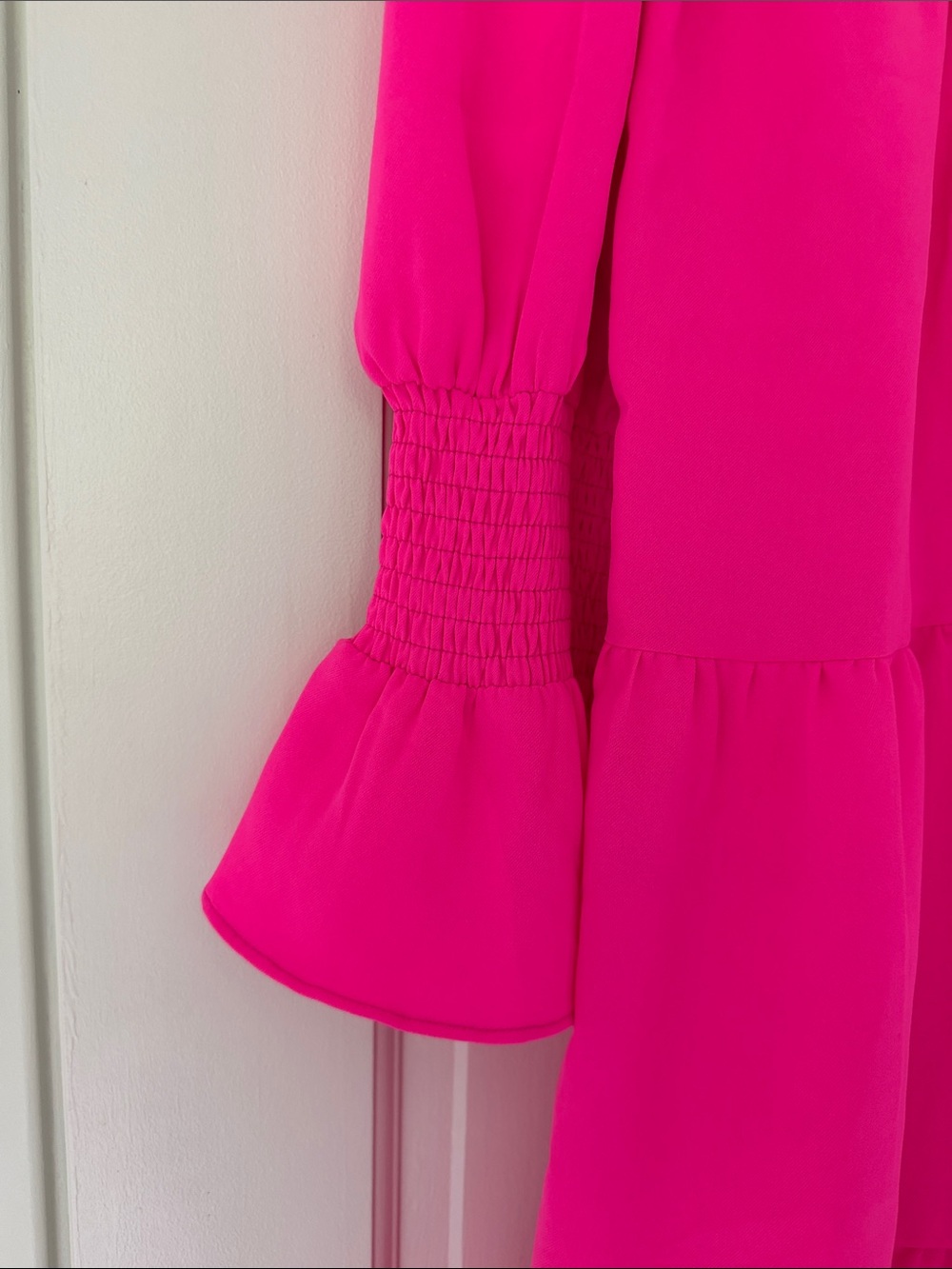NWT TUCKERNUCK POMANDER PLACE mini dress size L electric pink smocked cuff - Picture 2 of 7